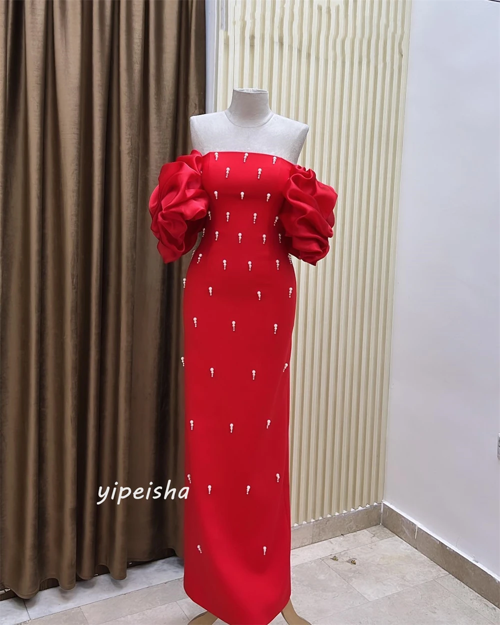 Jiayigong Sparkle Exquisite Modern Style Formal Evening Off The Shoulder A-line Beading Pleat Satin Bespoke Occasion Dresses