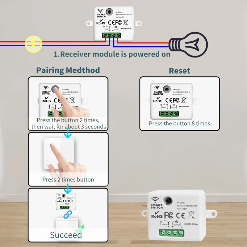 Wireless Smart Switch Light RF 433MHz 1/2/3Gang 86 tipo interruttore a pannello a parete con interruttore di controllo remoto Mini ricevitore relè