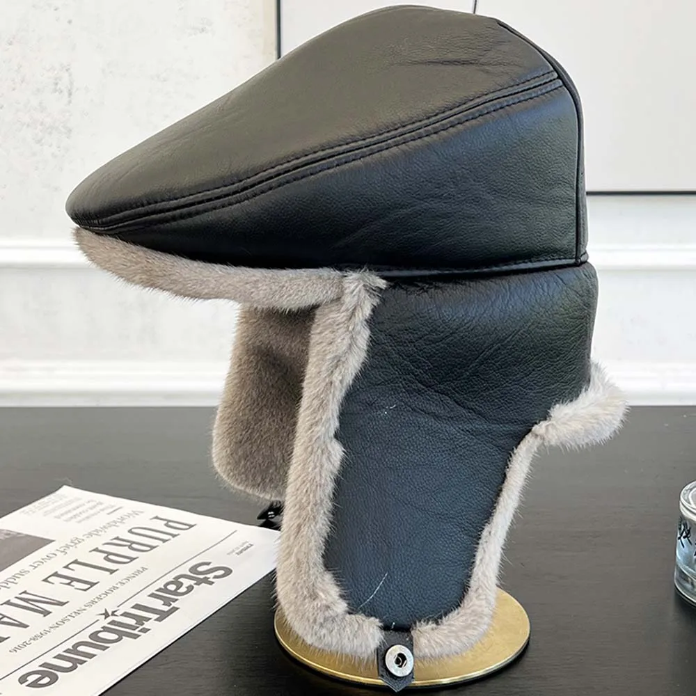 

New Unisex Real Mink Fur Bomber Hat Ushanka Cap Trapper Russian Men Women Ski Hats Caps Real Sheepskin Leather Winter Warm
