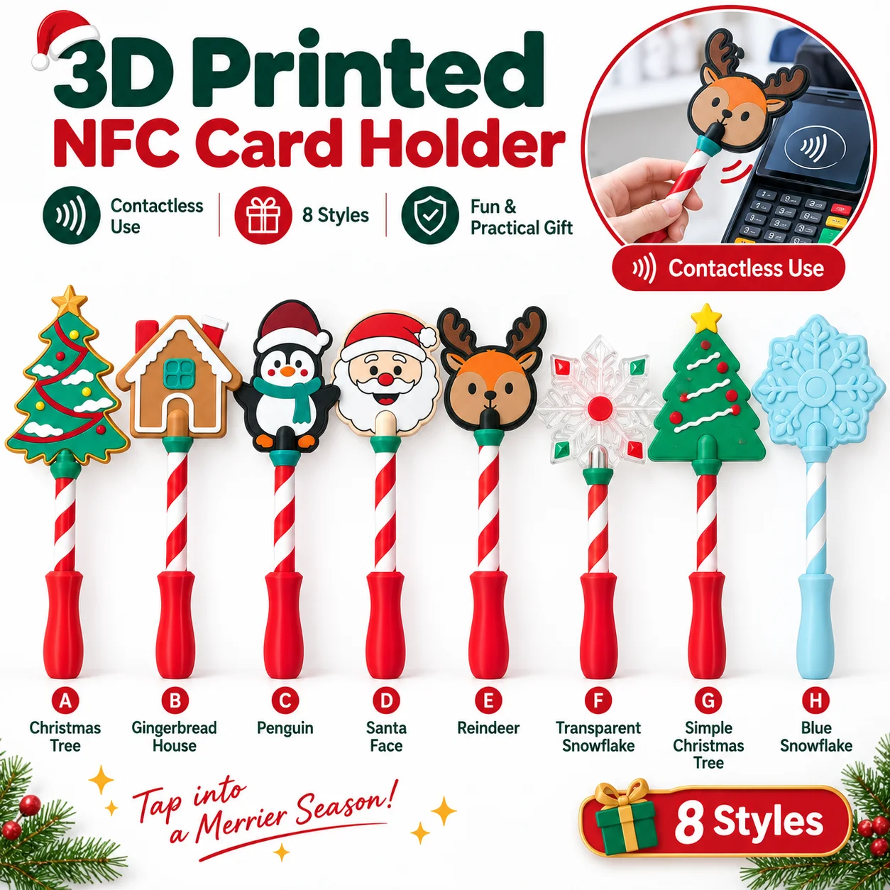 Cute Christmas NFC Card Holder 3D Printed Holiday Keychain Contactless Payment Card Case Creative Gift Decoration