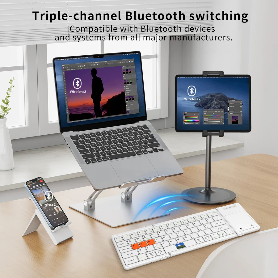 Portable Bluetooth Wireless Touchpad Keyboard with Foldable Design,Rechargeable 64Key Full Size Wireless Keyboard for Win/Mac OS