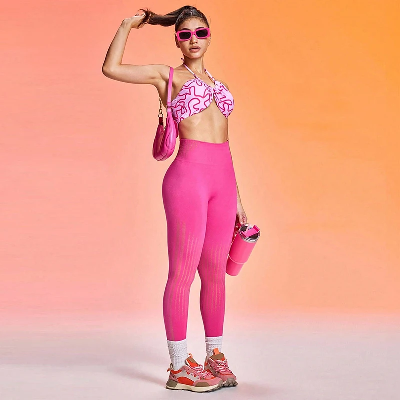 Folha de ouro listrado sem costura leggings mulheres cintura alta controle de barriga yoga leggings mulher primavera outono para fora usar leggings de treino