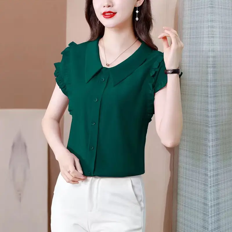 Summer Solid Color Pullover Button Short Sleeve Peter Pan Collar Ruffles Chiffon Women\'s T-shirt Casual Comfortable Retro Tops