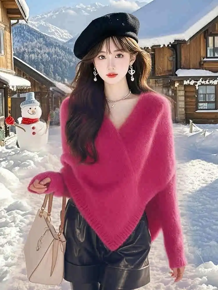 

French style temperament soft solid color elegant rose red cape shawl sweater women's 2025 winter new style tops