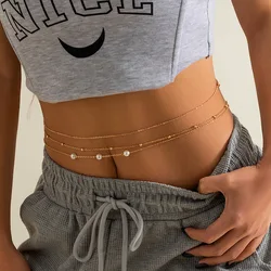 Sexy e Minimalista Imitação Pérola Cadeia De Metal Cintura Cadeia Misturada e Empilhada Moda Menina Frisado Tecido Cadeia Do Corpo Cadeia Da Barriga