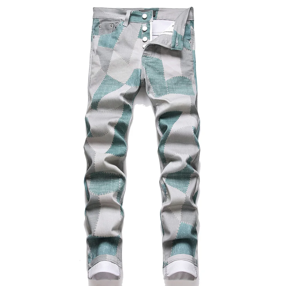 

Men Patchwork Print Pants Fashion Stretch Denim Cotton Pants Buttons Fly Slim Tapered Trousers