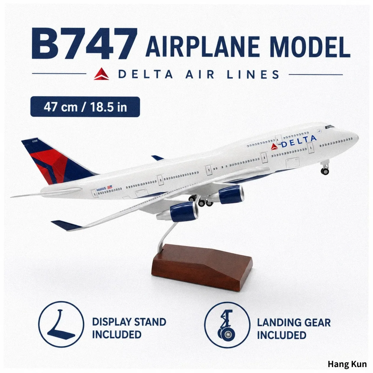 Модель самолета Delta Airlines Boeing 747, масштаб 1/150, литая из смолы, примерно. 18,5 дюймов с подставкой — авиационный сувенир