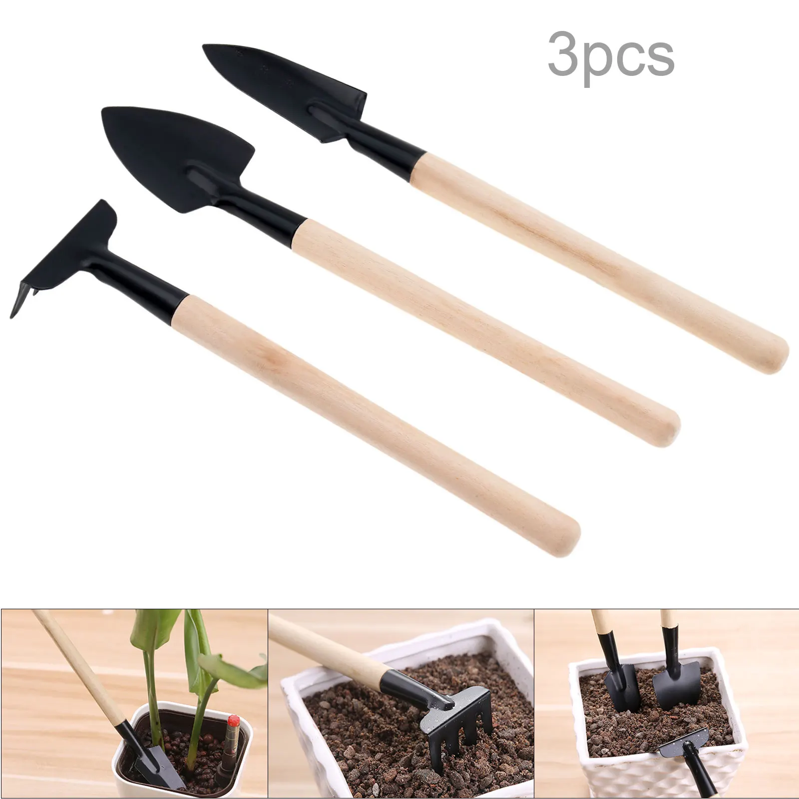 3pcs Mini Iron Garden Shovel Rake Spade for Planting Gardening Tool Serviceable Wooden Handle Bonsai Tools Set