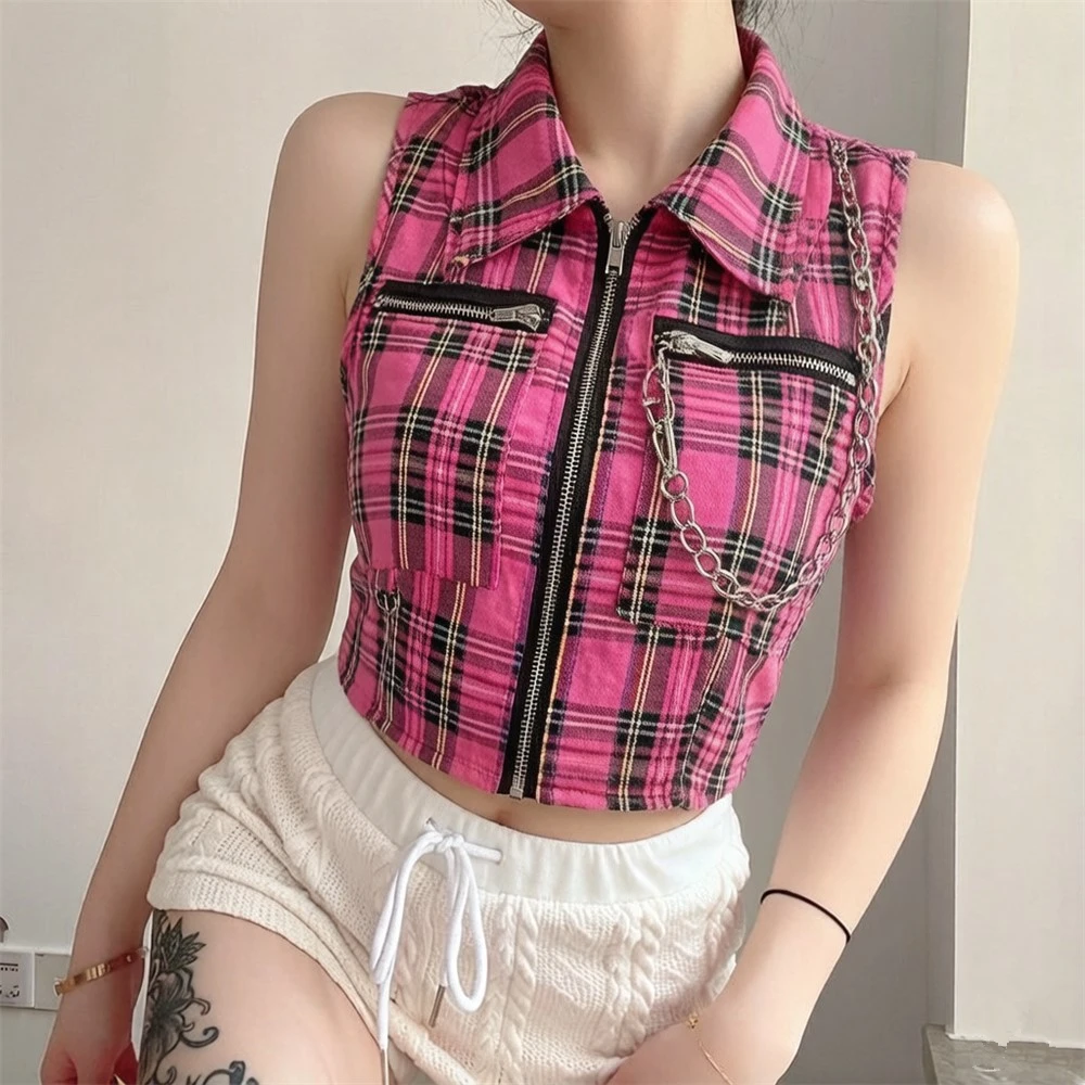Women's Gothic Plaid Camisole Tank Top Slim Fit Vintage Bandage Harajuku Punk Grunge Style Collection Vest