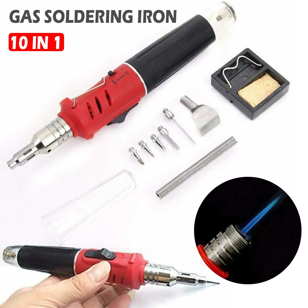 10 In 1 Butane Gas Soldering Iron Set Cordless Auto Ignition Welding Torch Pen Burner Kit Spray Gun Welding Repair Tool with Box