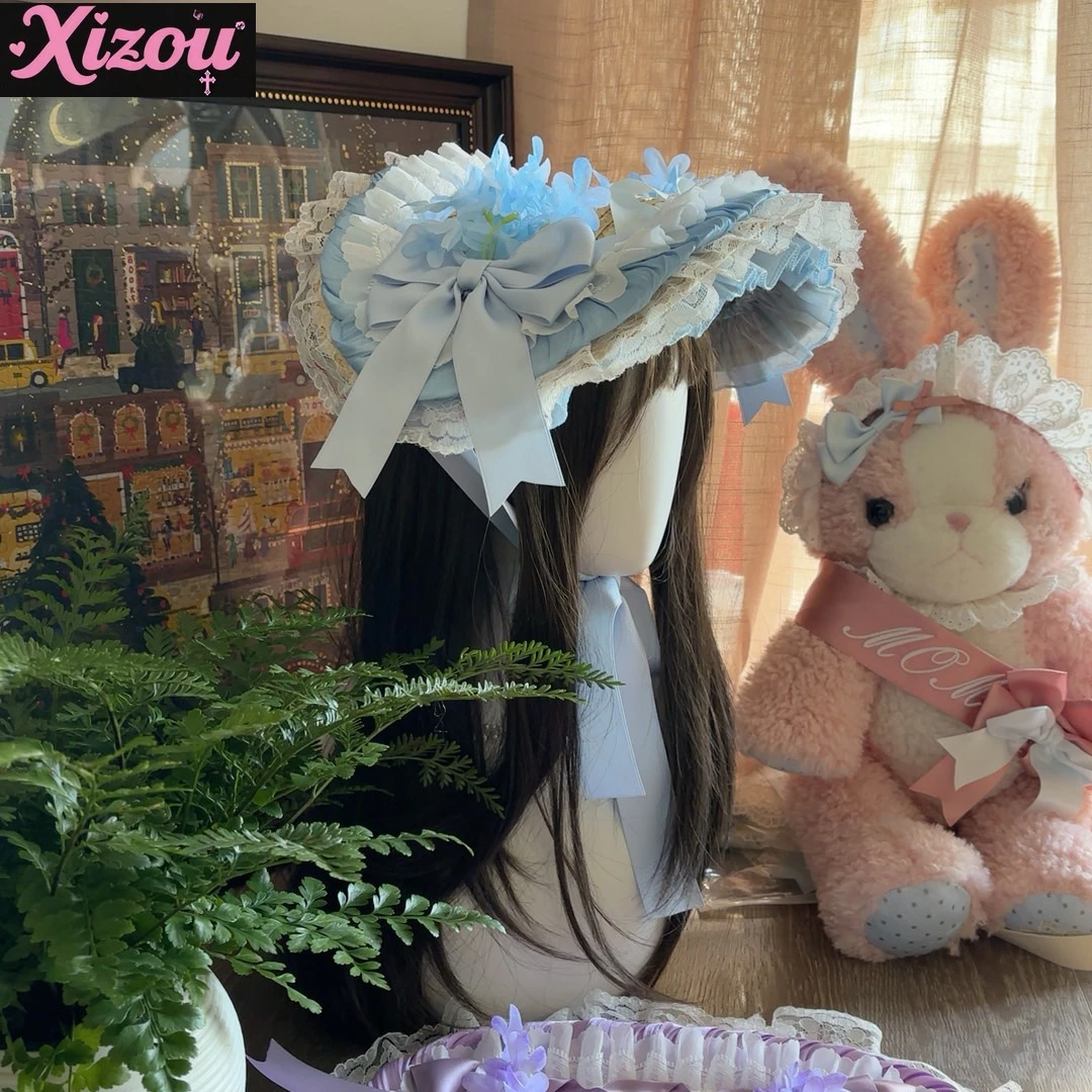 Japanese Original Lolita Handmade Bonnet Lace Hydrangea Bow Bnt Pastoral Lolita Hats Hanyang Eclectic Hair Accessories Headgear