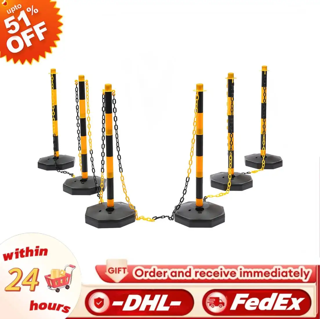 

6 Pack Traffic Cones Adjustable Delineator Post and Chain Link with Fillable Base,Street Stanchions Construction Safety Barrier