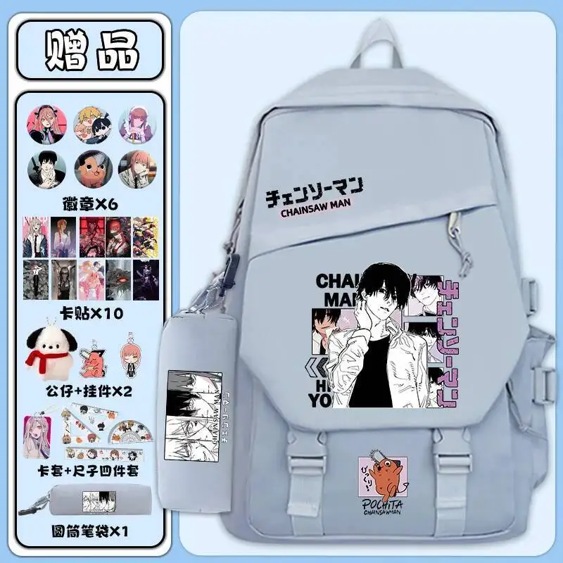 

Anime Game Black White Blue Pink Chainsaw Man Student Teens School Bags Large Capacity Backpacks