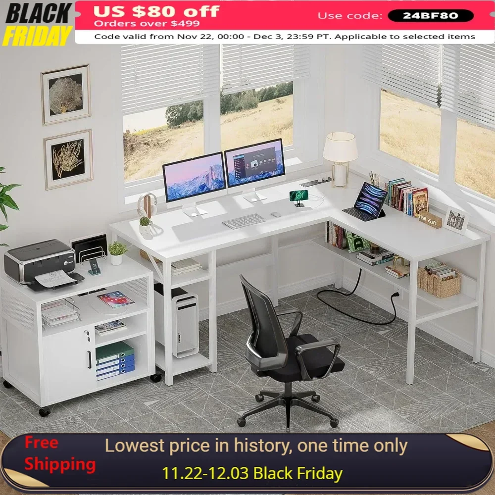 

Writing Desk, with Magic Power Outlets and USB Charging Ports, Sturdy Corner Desk with Storage Shelves, Durable Writing Desk