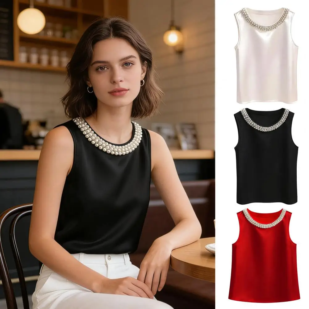 

Элегантная атласная рубашка для женщин, летняя блузка с бисерным декором, шелковая блузка, женские футболки, модный свободный жилет, женские майки, модная женская футболка