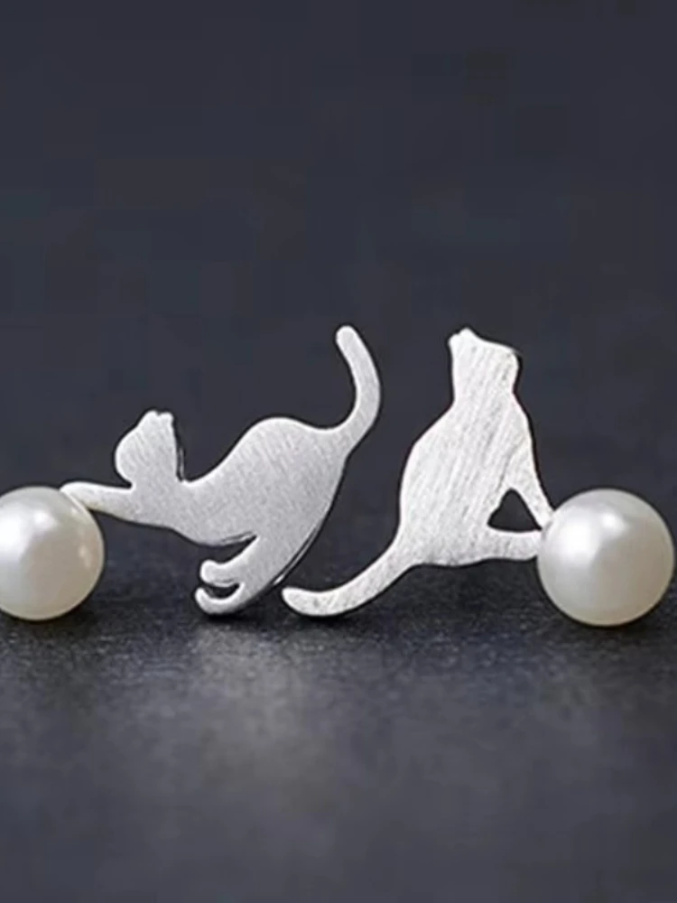 REETI 925 sterling silver Cat perła asymetryczne kolczyki sztyfty dla kobiet elegancka biżuteria ślubna pendientes mujer moda Brincos — zdjęcie 2