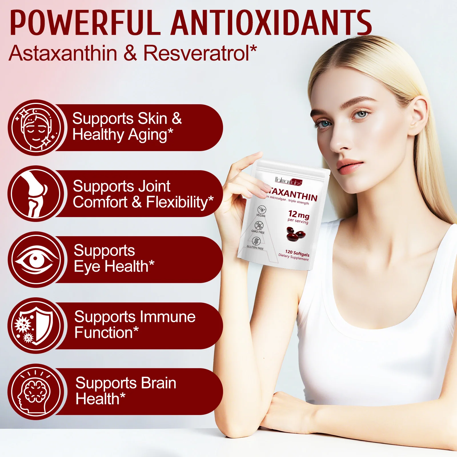Astaxanthin Softgels,Boost Skin Radiance,Healthy Aging,Promote Joint Flexibility,Haematococcus Pluvialis Astaxanthin120 Softgels