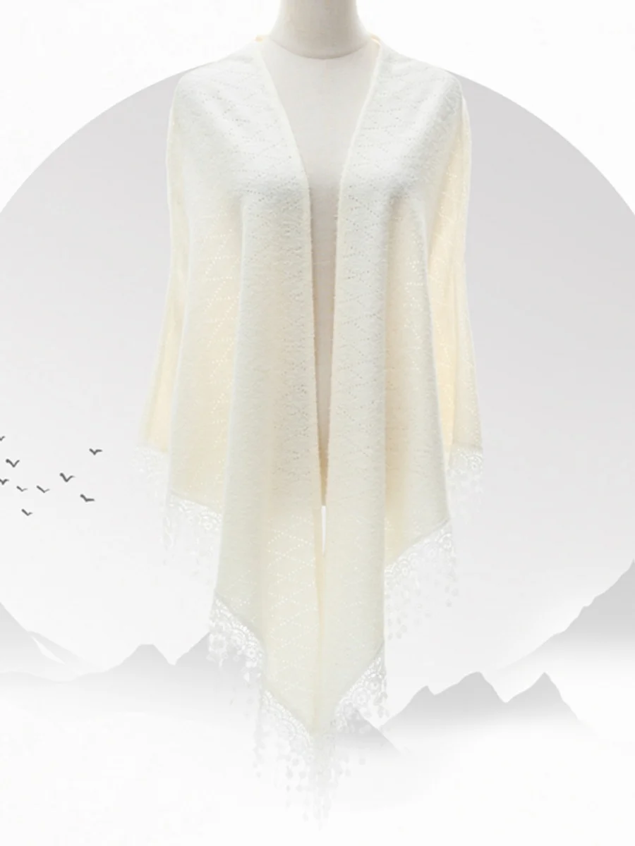 

Elegant Chinese Style Knitted Lace Shawl for Women Multi-Functional Long Rectangle Polyester Fiber Pure Color Spring Autumn