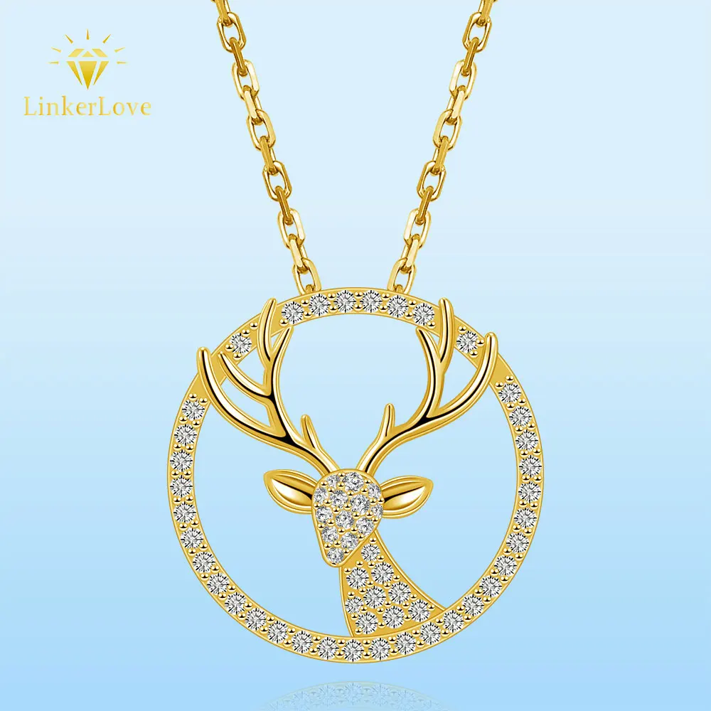 

LinkerLove Moissanite Necklace for Women 925 Sterling Silver Deer Pendant Necklace Gold Plated Fine Jewelry Christmas Party Gift