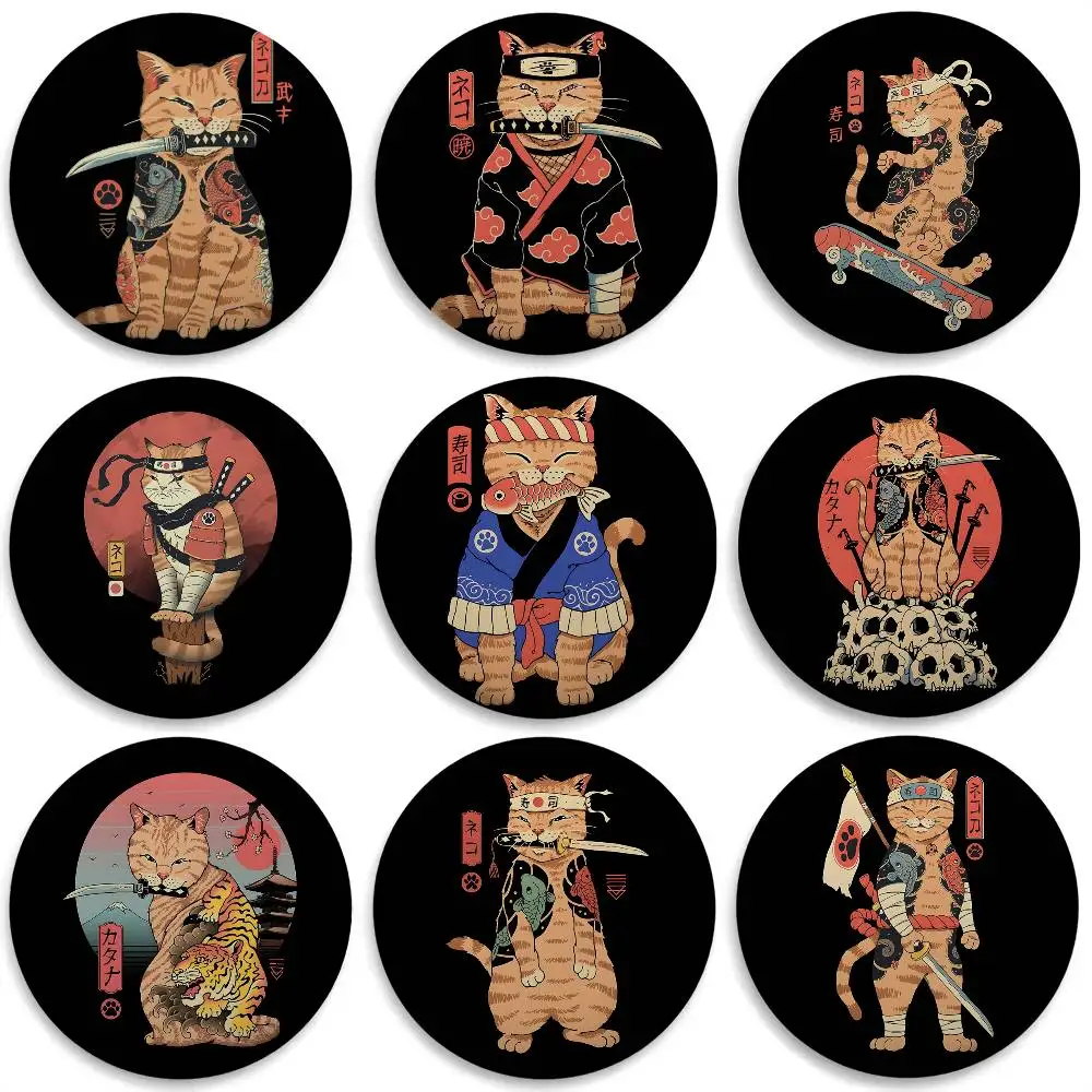 

Japanese Style Samurai Cat Badges Round Exquisite Badge Brooches Creative Pins For Clothes Hat Backpack Gift Accessories