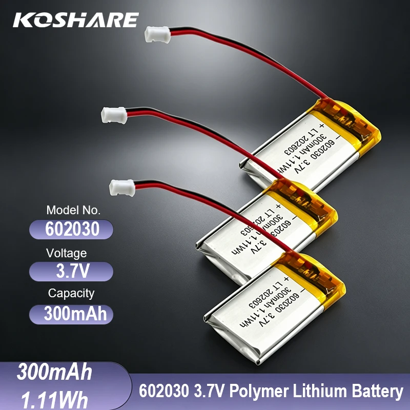 KOSHARE 602030 Battery 3.7V 300mAh Li-polymer Rechargeable Batteries With Wire Connector For Bluetooth Headset Speaker Monitor