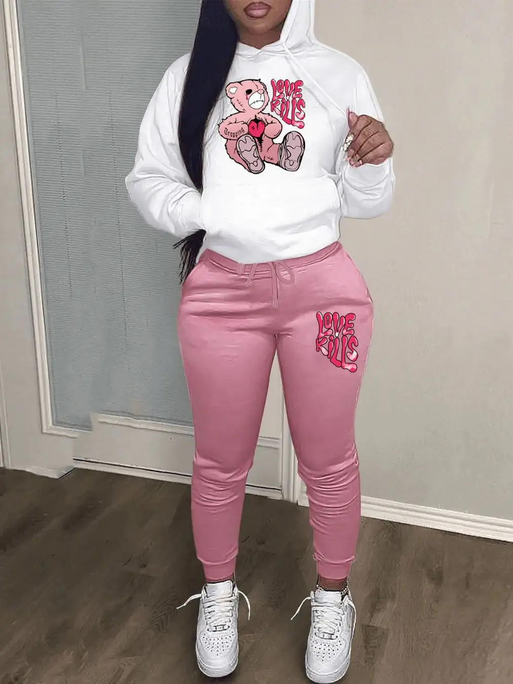 

Women's Hoodies Sets Pants Suit 2 Piece Outfits 2025 New Letter Print Bear Aesthetics Sweatshirt and Sweatpants Womens Tracksuit