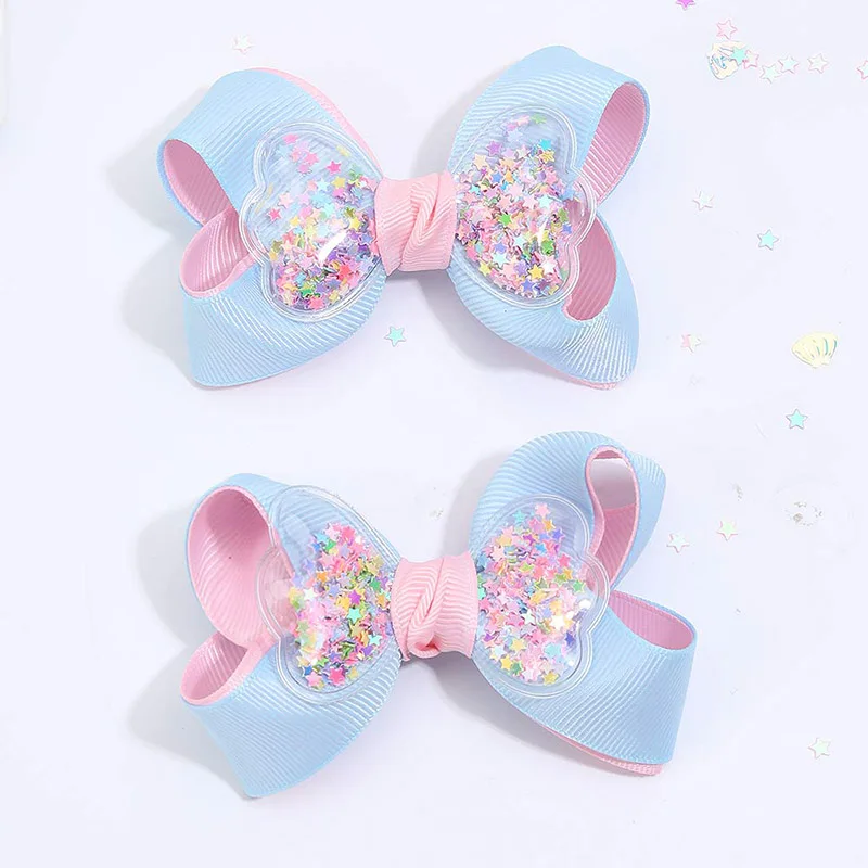 2Pcs New Hair Bow Clips Cute Ice Cream Hairpins Barrettes Grosgrain Ribbon Headwear Boutique Glitter Star Kids Hair Accessories