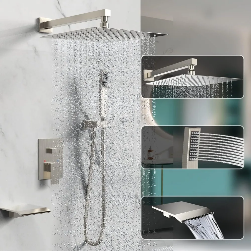 Waterfall Wall Mounted Rain Shower System with Handheld Spray and Tub Spout, 10 Inch Bathroom Shower Faucet Set