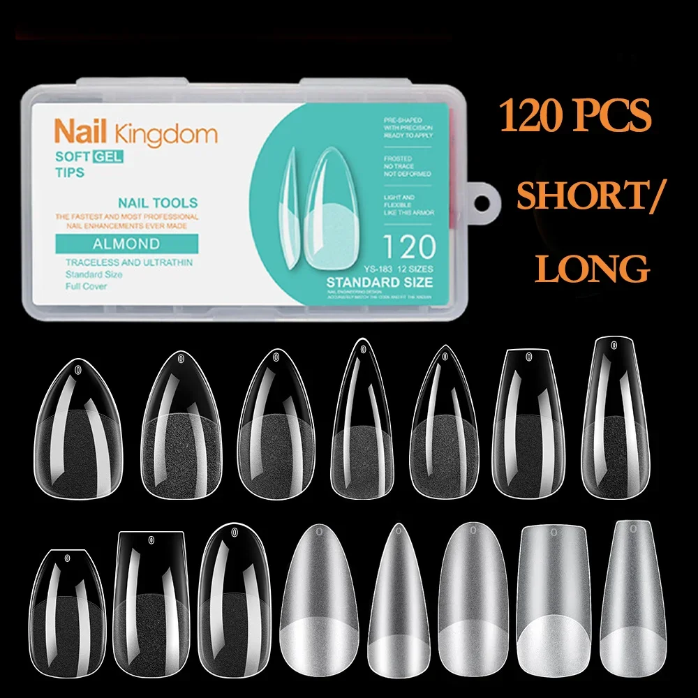 120pcs Short/long Almond Nail Lengthening Nail Tips Half Matte Full Cover Nail  Clear Gelly Press on Flase Fake Nails