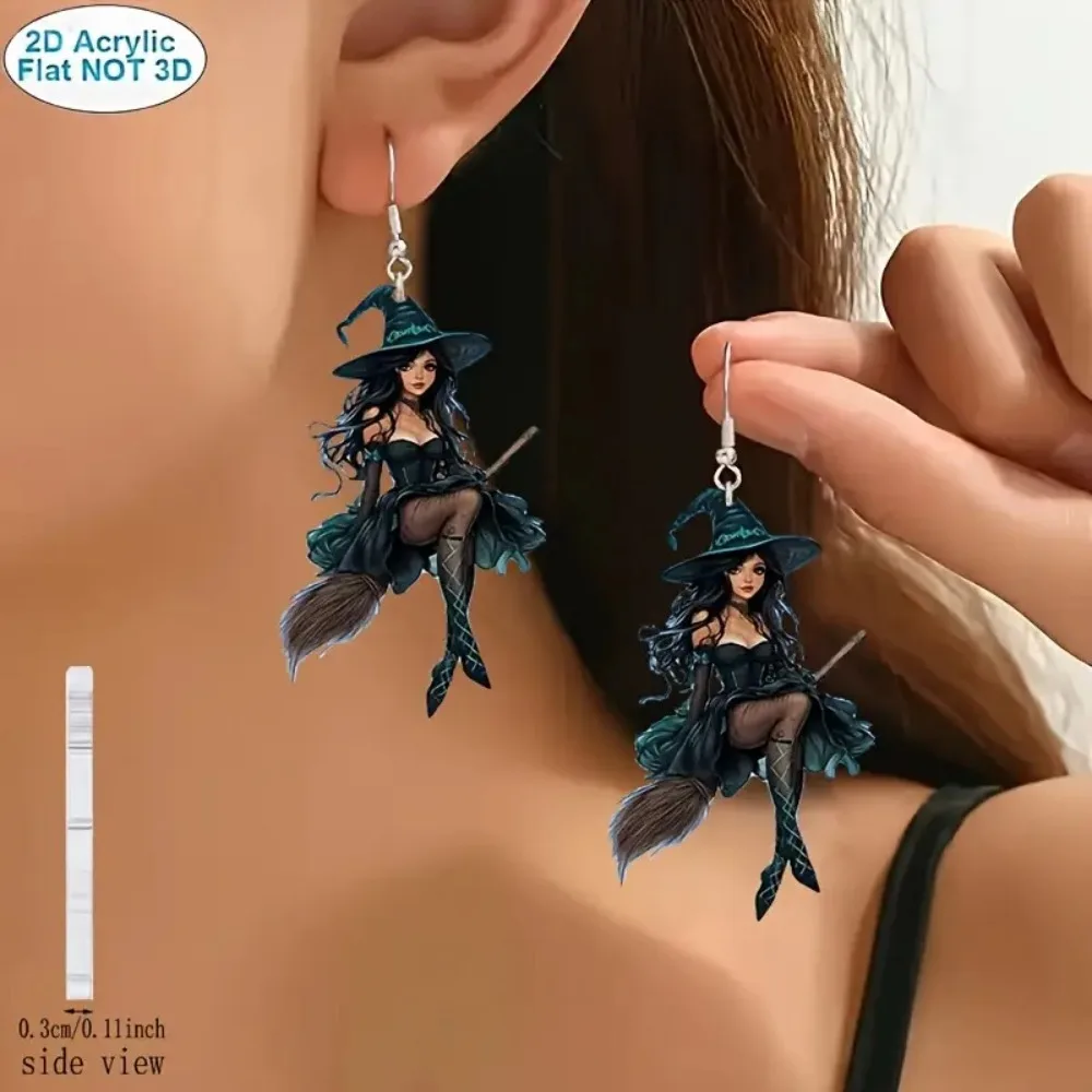 Creative Cartoon Magician Broom Beautiful Witch Acrylic Dangle Earrings for Women Halloween Party Dark Jewelry Accessories Gifts