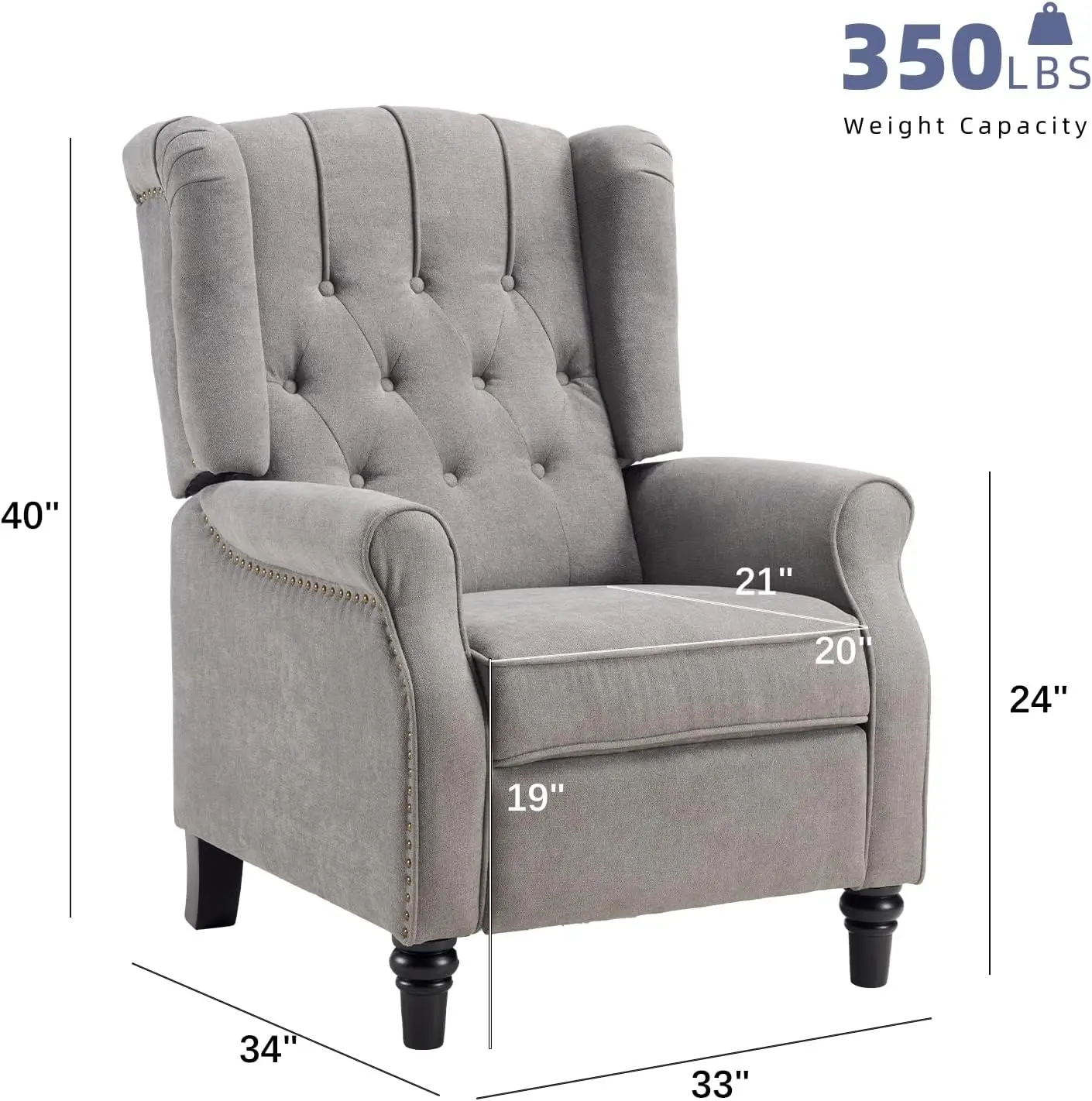 Push Back Recliner Chair, Fabric Accent Chair Pushback Recliner with Rivet Decoration, Button-Tufted Back, Mid Century Wingback