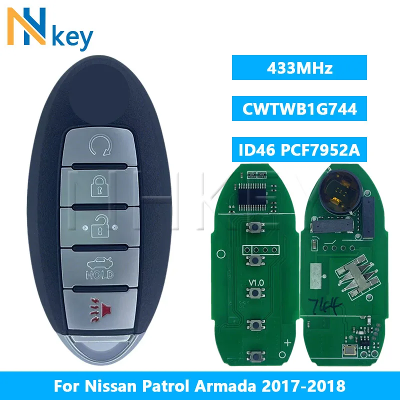 

NHEKY for Nissan Patrol Armada 2017-2018 CWTWB1G744 Keyless 5 Buttons 433.92Mhz FSK ID46 PCF7952A Chip Smart Remote Car Key