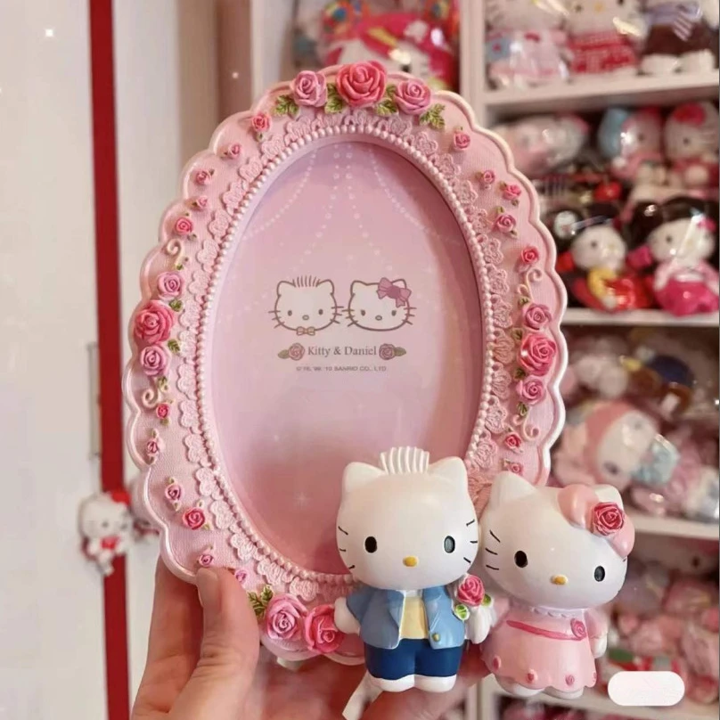 Anime Sanrios Hellokittys CharmmyKitty Resin Rose Photo Frame Cartoon Figurines Home Ornaments Handicraft Valentine's Day Gift