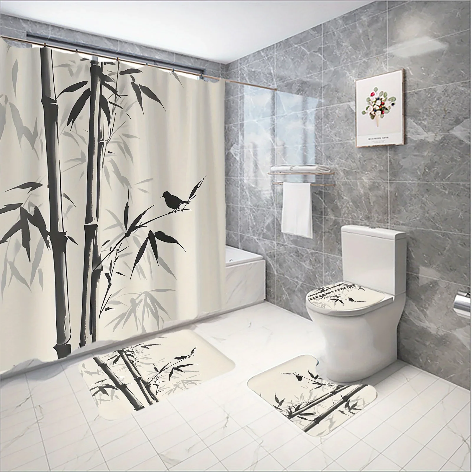 

Elegant Bamboo Bathroom Set: Shower Curtain, Mat, Towel, Toilet Cover - 4Pcs Waterproof Decor for a Serene Bath