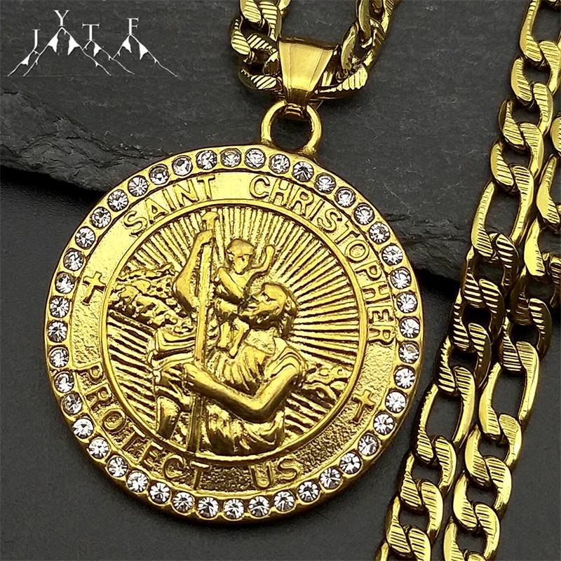 ST.Christopher Protect Us Medal Rhinestones Necklace Saint Christopher Stainless Steel Gold Color Christian Man Chain Jewelry