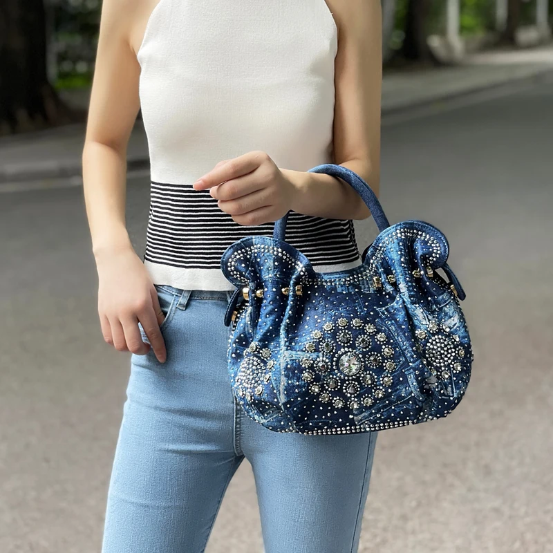 

IPinee-Women's Rhinestone Bag with Sparkling Crystal, Denim Purses, Shoulder Handbags, Evening Pocketbooks, Wedding Party, Trend