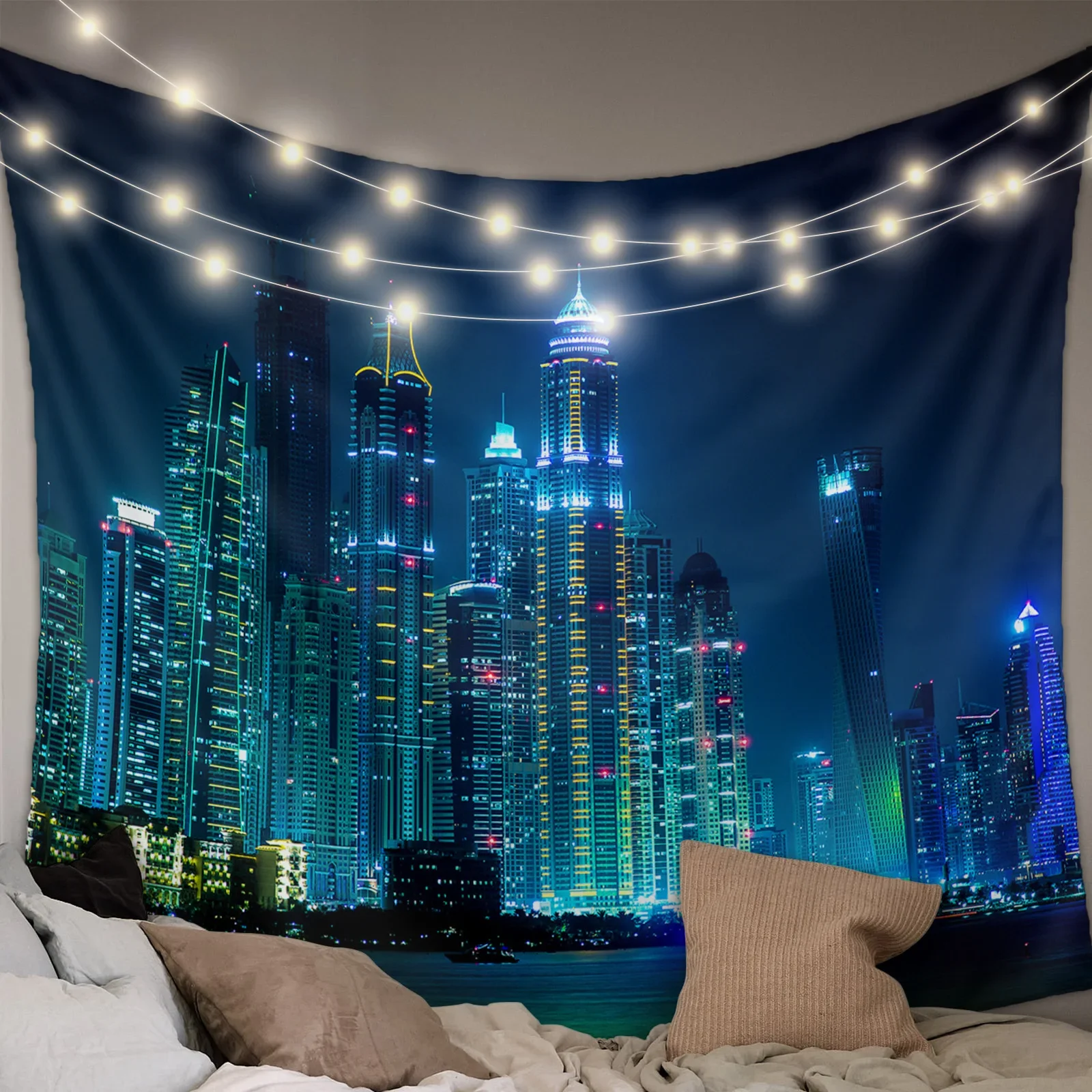 City Landscape Lights Skyscrapers Hippie Tapestry Fabric Wall Hanging Beach Room Decor Cloth Carpet Yoga Mats Sheet Sofa Blanket