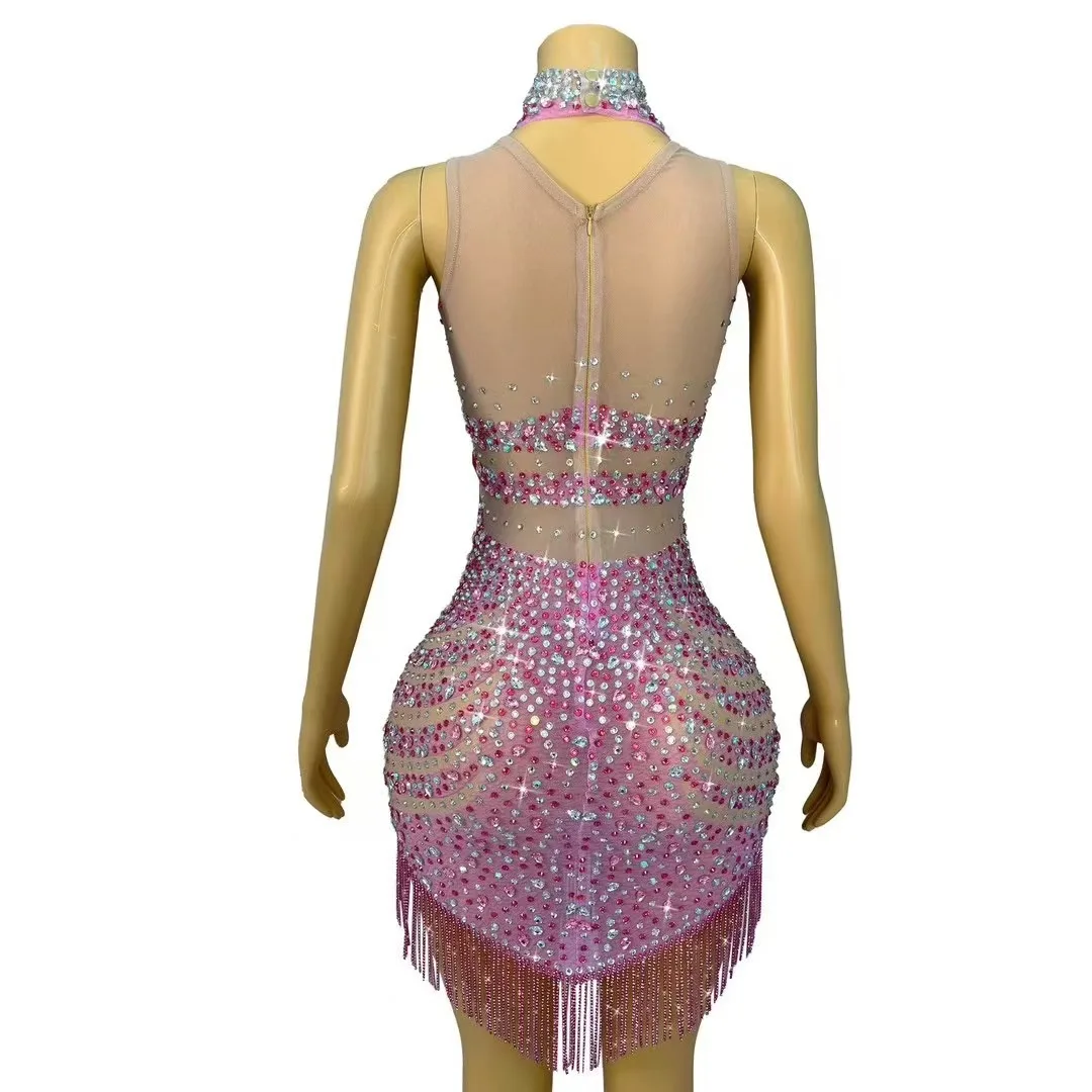 Sexy Stage Sparkly Rhinestones Chains Pink Mesh Short Dress Women Nightclub Evening Party Singer Dancer Performance Host Costume