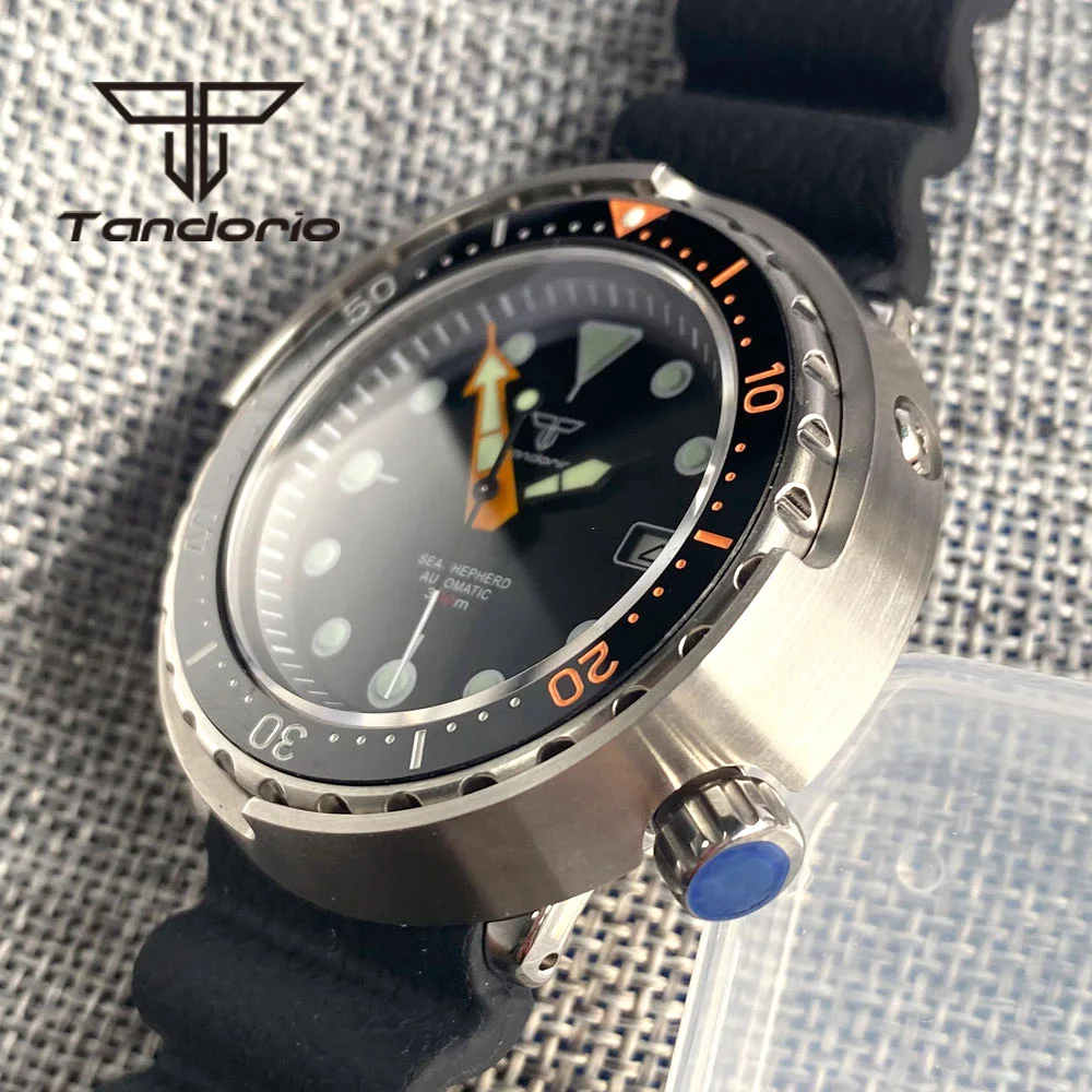 Tandorio 46.5mm Tuna Automatic Dive Men\'s Wristwatch NH35A Movement Sapphire Glass 20Bar Waterproof Ceramic Bezel Rubber Strap