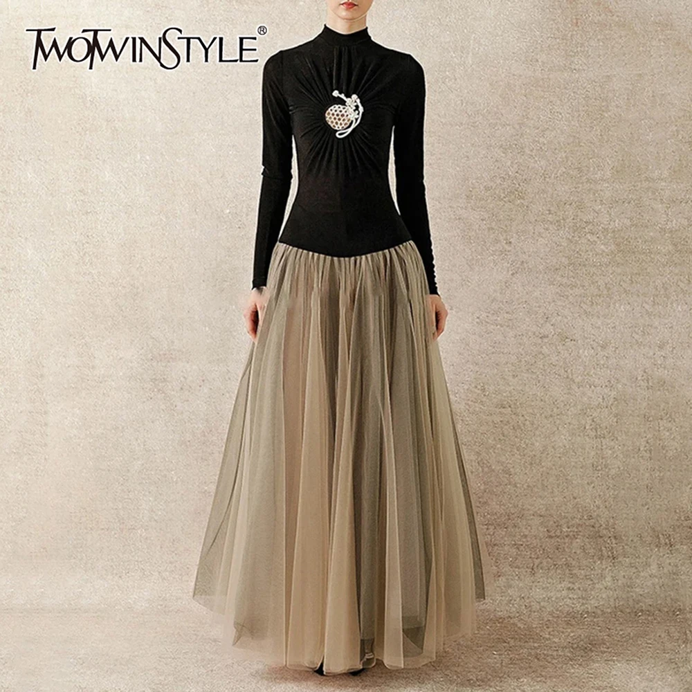 

TWOTWINSTYLE Solid Slimming Elegant Dresses for Women Half High Neck Long Sleeves Patchwork Mesh Midi Dress Female Clothing New