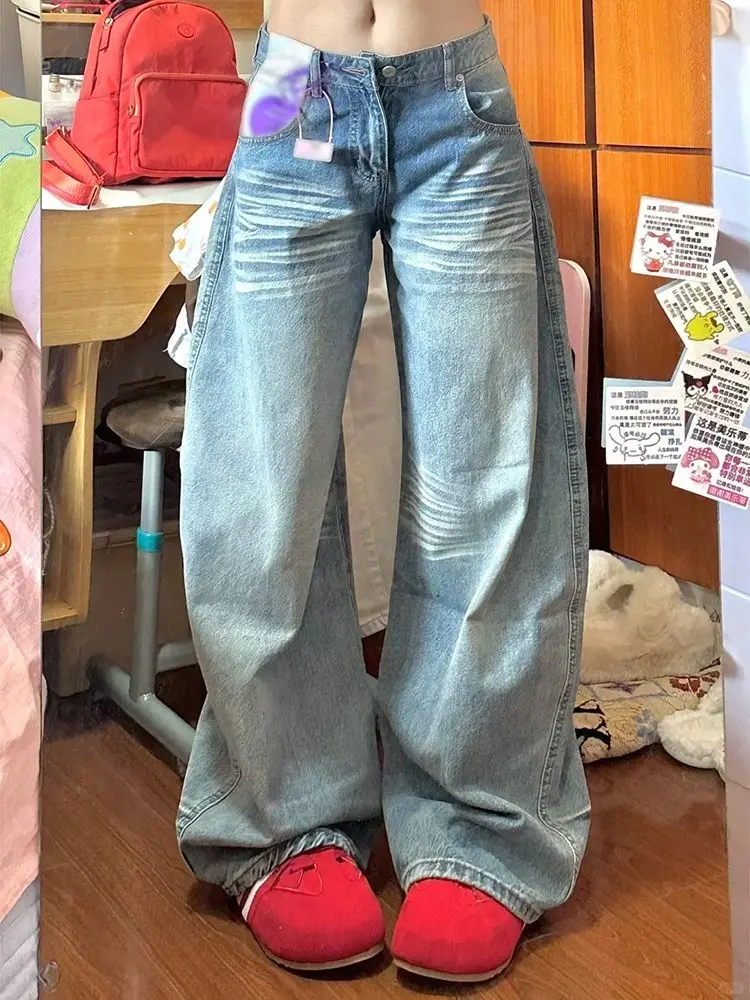 HOUZHOU Niebieskie Jeansy Damskie Y2k z Haftem, Prane, Niski Stan, Szerokie Nogawki, Amerykański Styl Vintage, Luźne Spodnie Denimowe, Spodnie Uliczne Harajuku