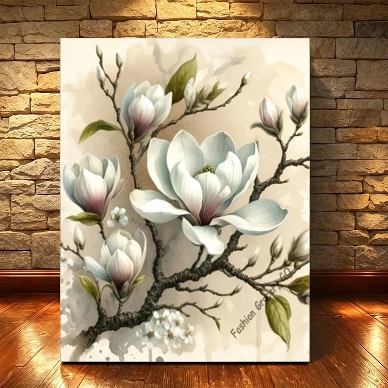 Professional Art Use, 1 Set Professional Art-Grade Adult DIY Paint by Numbers Kit, Elegant White Magnolia Flower Branch Pattern,