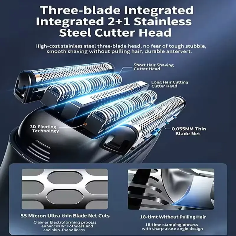 Reciprocating Electric Foil Shavers For Men Mini Electric Razor For Beard/Face With 3 Floating Blades LED Cordless Face Shaver
