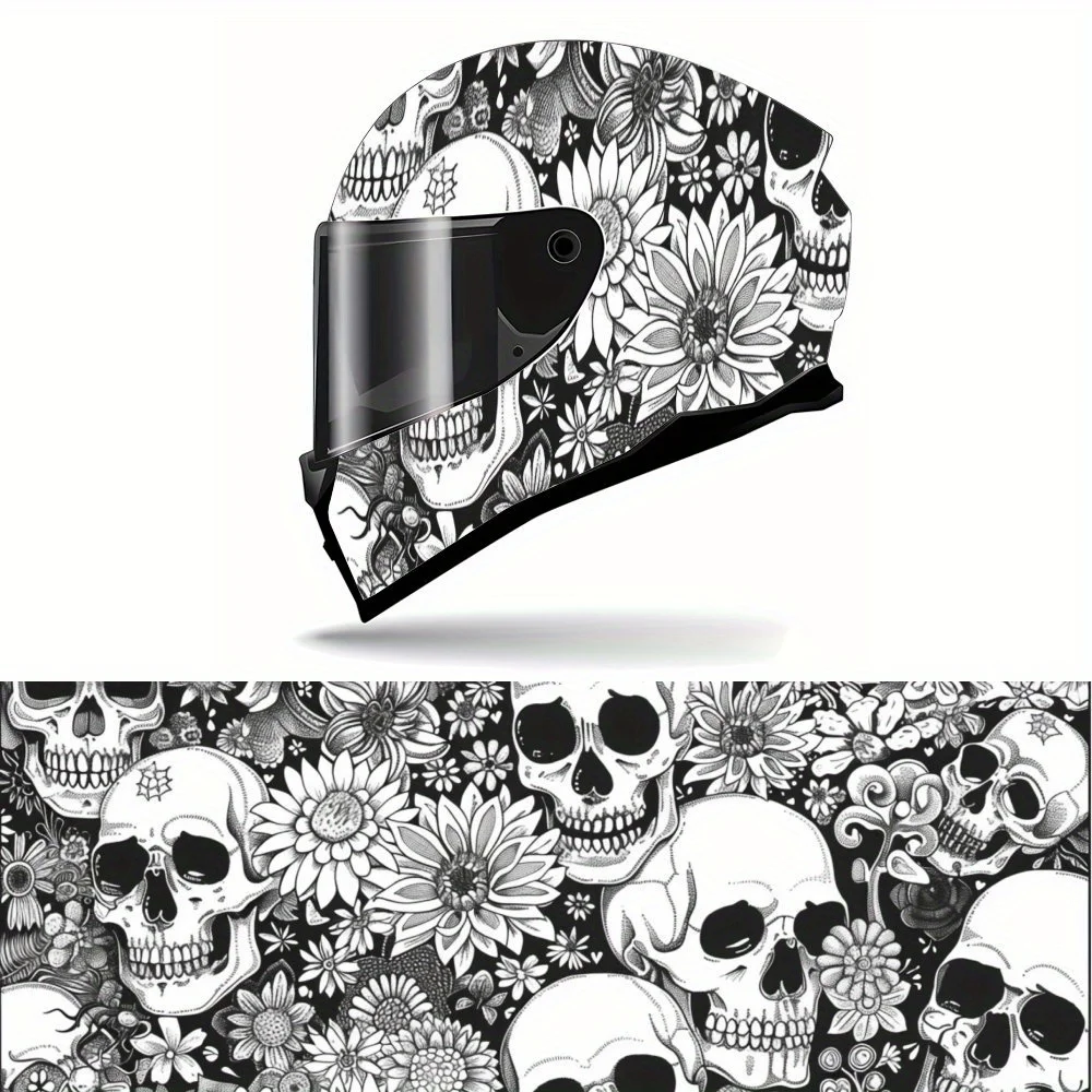 

Black and White Skull and Sunflower PVC Motorcycle Helmet Vinyl Wrap, Self-Adhesive Waterproof Sticker, Anti-Scratch Decorative