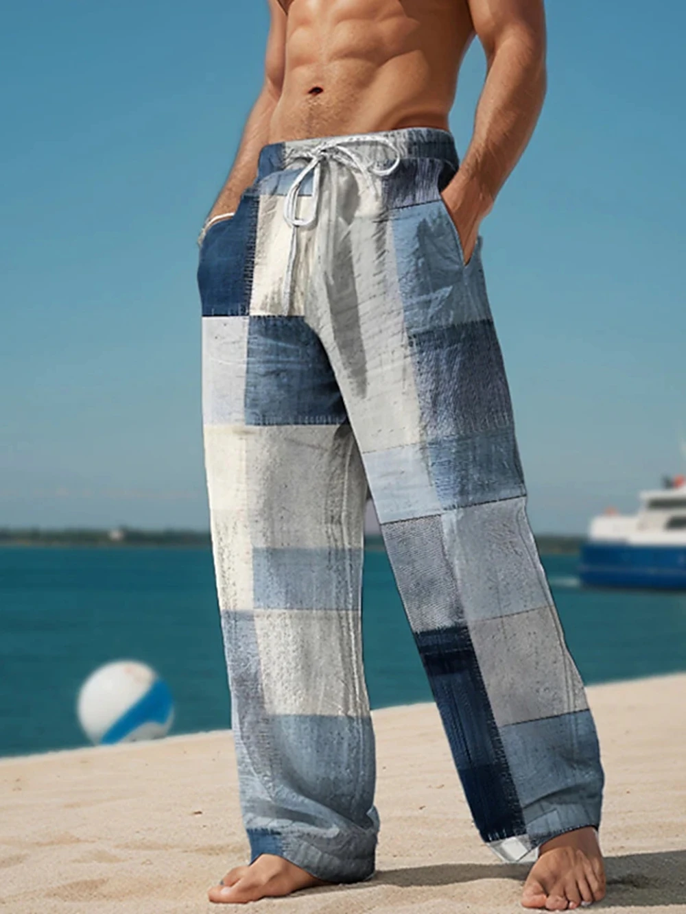 Plaid Color Block Men's Resort 3D Printed Casual Pants Trousers Elastic Waist Fit Straight-Leg Pant Summer Beach Pants 5XL