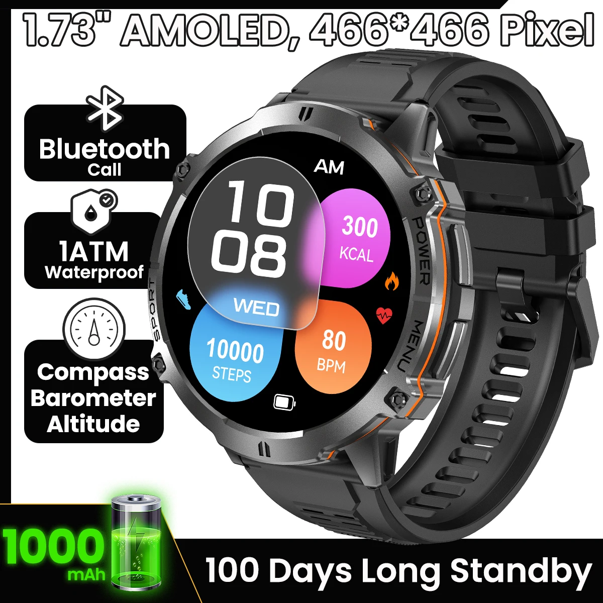 

Outdoor Smartwatch 1.73" AMOLED Screen Smart Watch 1ATM Waterproof 1000mAh Large battery Sports Watches for Man Android iOS 2026