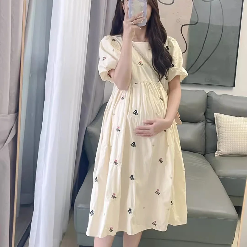 New Maternity Dresses Summer Fashion A-line Loose Short Sleeve Skirt Pregnant Women Clothing Pregnancy Mom Printed Doll Dress