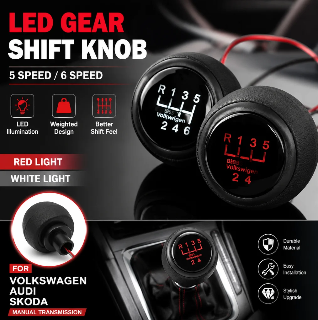 LED Manual Gear Shift Knob 5 Speed 6 Speed Weighted Shifter Handle Red White Light for Volkswagen Audi Skoda Manual Transmission