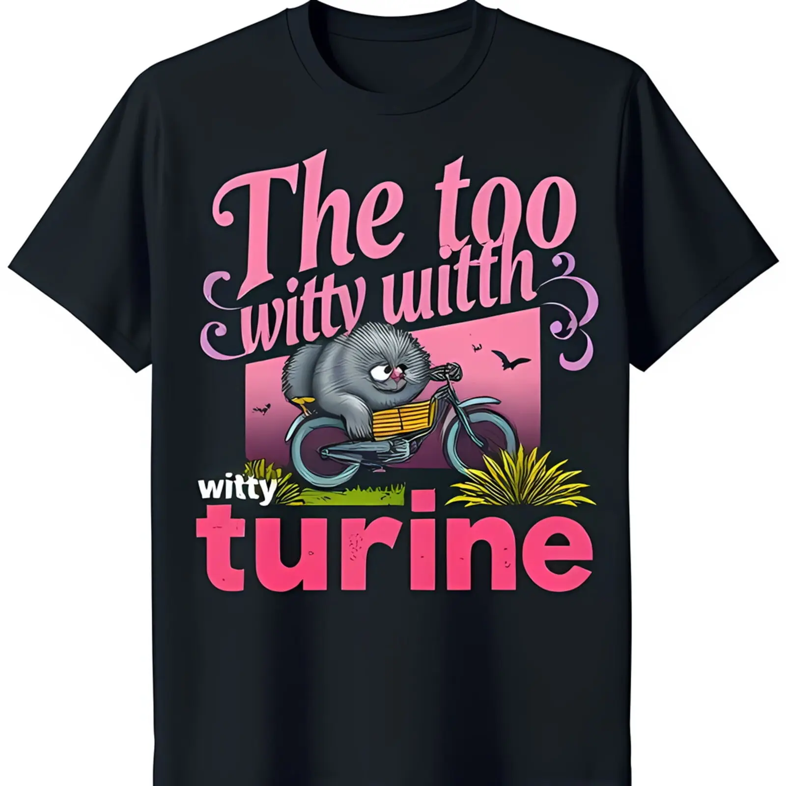 Whimsical Black T-Shirt with Cute Cat Riding Motorcycle & Fun Quote