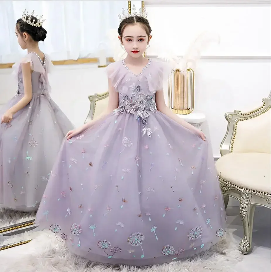 Violet Tulle Princess Dress for Girl Wedding Party Ball Gown Sequin Lace Long Prom Dress Toddler Kids Formal Birthday Vestidos